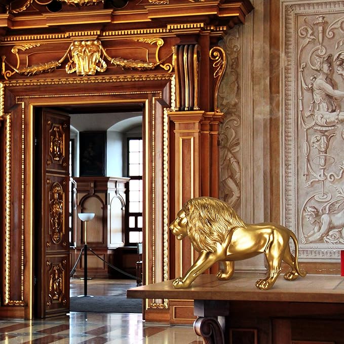 12" Decoration Collectible Gold Lion Statue, Desk Decor, Room Decor, Home Decor, Modern Art Sculpture, Handmade Resin Animal Statue, Gift for Women,Brother,Friend