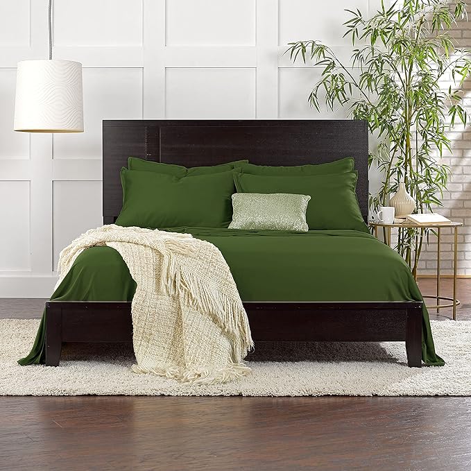 Queen Sheets by Pure Bamboo, Genuine 100% Organic Viscose Derived from Bamboo Bed Sheet Set, Luxuriously Soft & Cooling, Double Stitching, Lifetime Quality Promise (Queen, Pesto)