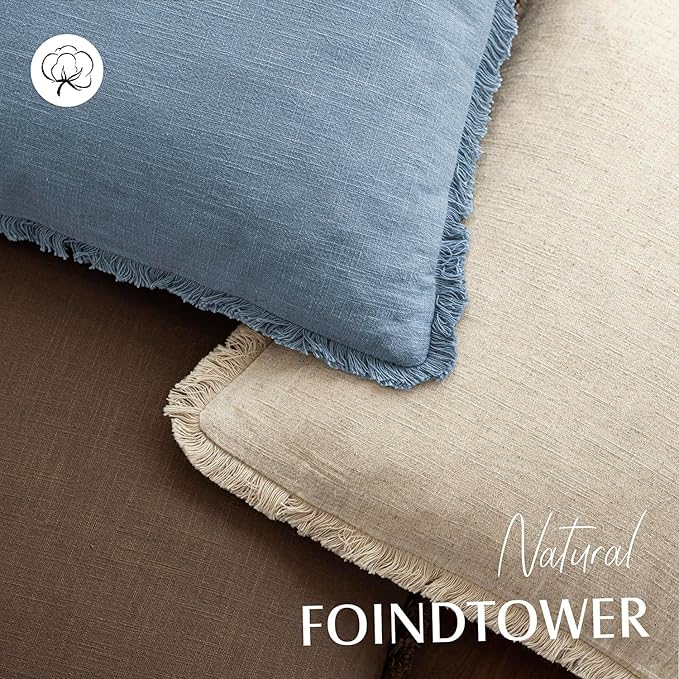 Foindtower Set of 2 Decorative Linen Fringe Throw Pillow Covers Cozy Boho Farmhouse Cushion Cover with Tassels Soft Accent Pillowcase for Couch Sofa Bed Living Room Home Decor, 24×24 Inch, Misty Blue