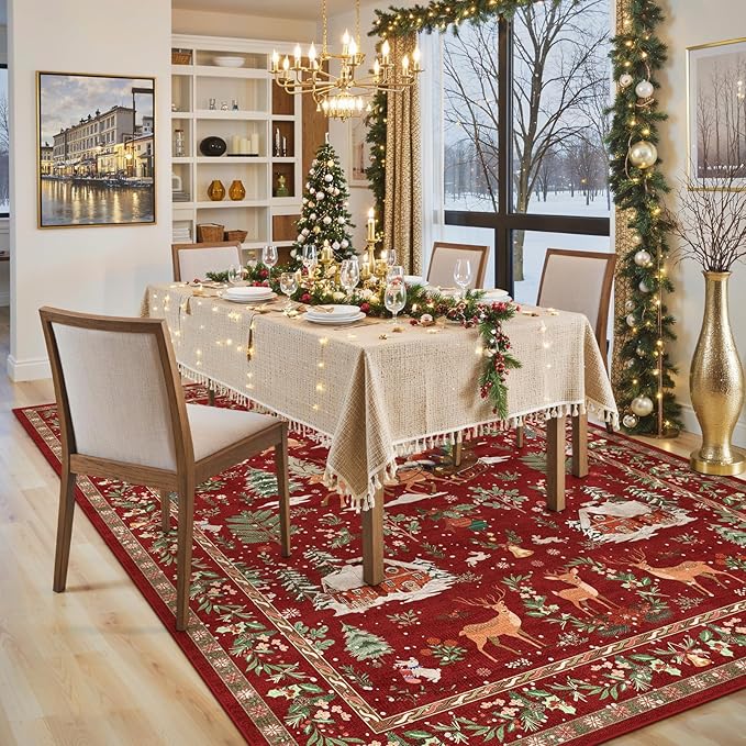 Lahome Christmas Area Rug, 5x7 Red Living Room Rugs, Christmas Tree Santa Claus Non Slip Soft Dining Room Rug, Washable Winter Indoor Carpet for Bedroom Entry Holiday Decor