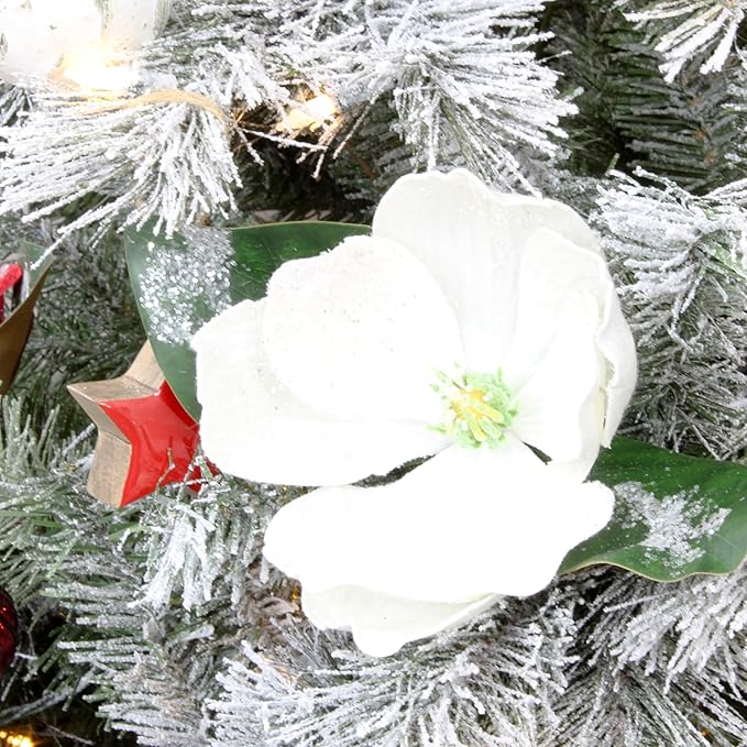 AuldHome Design Magnolia Floral Picks (3-Pack, White); Artificial Magnolia Greenery Flowers for Christmas and Seasonal Decor
