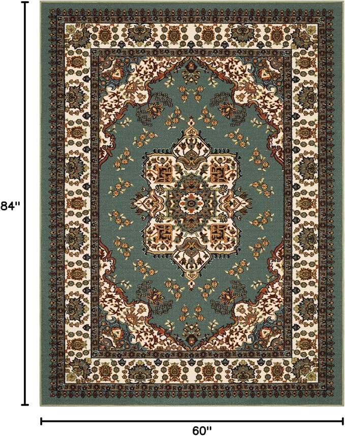 Antep Rugs Alfombras Oriental Traditional 5x7 Non-Skid (Non-Slip) Low Profile Pile Rubber Backing Indoor Area Rugs (Green, 5' x 7')