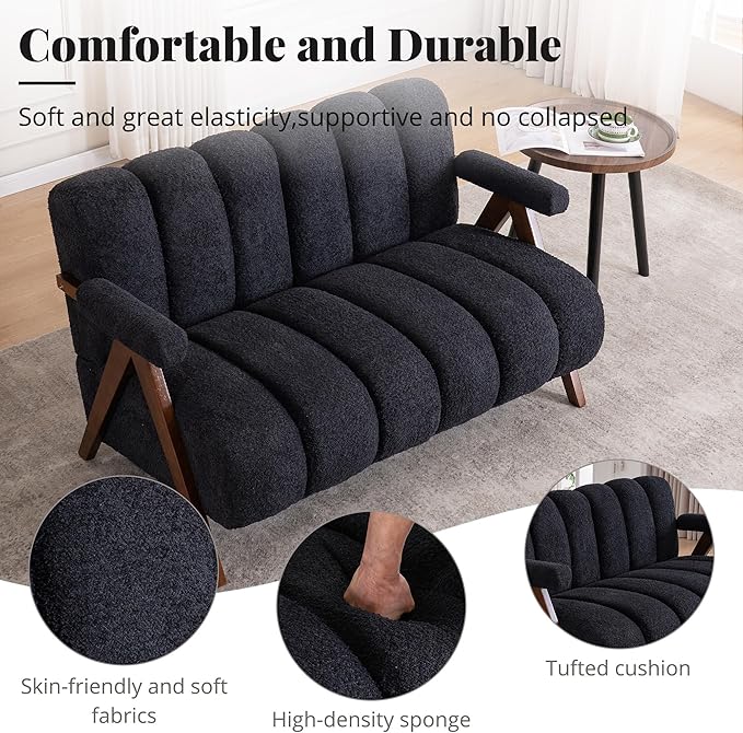 Mid Century Modern Accent Chair Loveseat Sofa with Solid Wood Frame, Boucle Upholstered Living Room Chairs with Thick Cushion, Comfy Tufted Arm Chair for Bedroom, Black