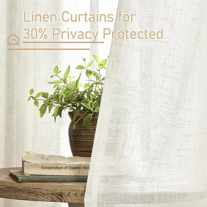 LAMIT Cream Linen Curtains 63 Inch for Bedroom, Light Filtering Neutral Semi Sheer Window Boho Curtains Back Tab and Rod Pocket Panels for Living Room, 2 Panels, 52 x 63 Inch