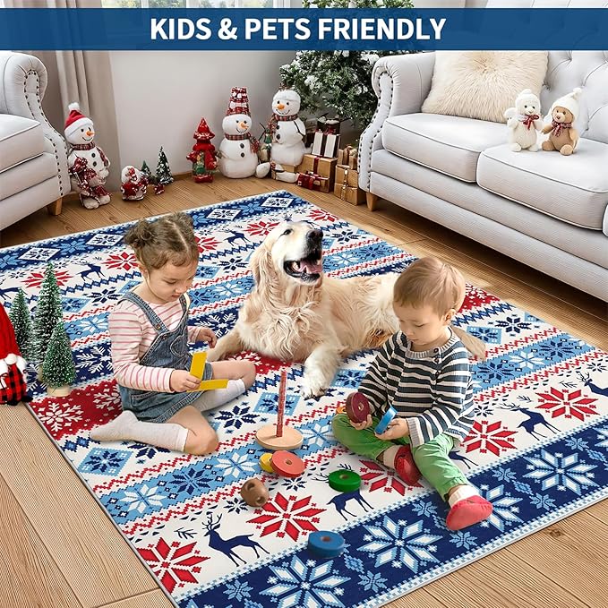5x7 Christmas Area Rug Living Room Bedroom Large Xmas Decor Area Rug Indoor Washable Non-Slip Throw Floor Covers Boho Accent Rug Farmhouse Rug Festival Xmas Carpet for Dining Room, Blue
