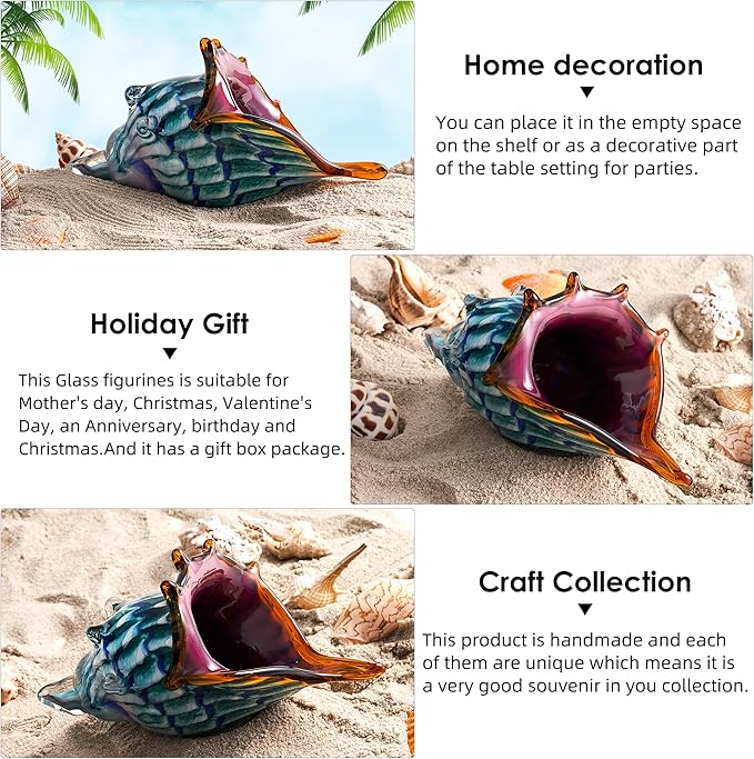 EUSTUMA Hand Blown Glass Conch Figurines Ornament,Sea Animal Ornament for Home Decor,Sea Animals Collection for Birthday Gift,Glass Seashell