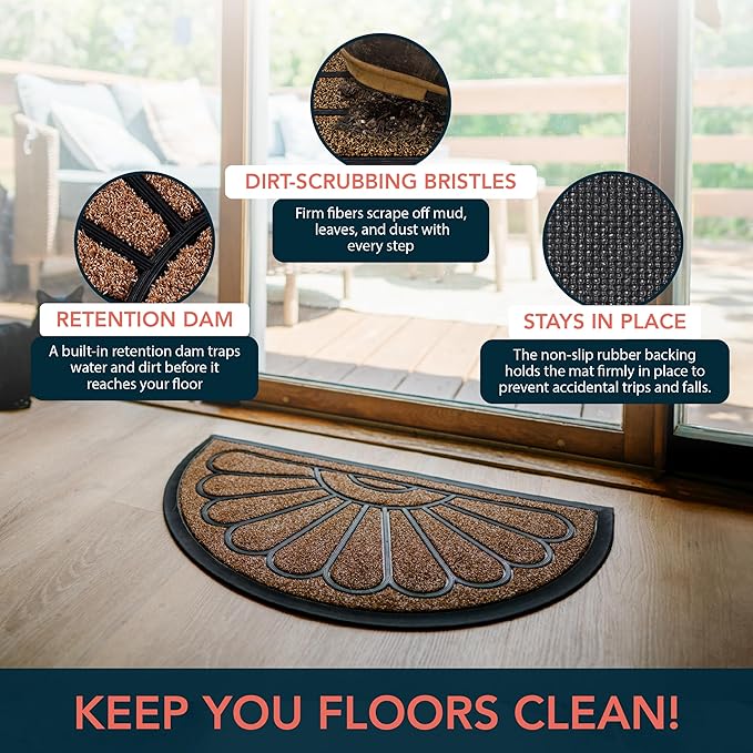 ubdyo Front Door Mat - Low Pile Front Half Circle Door Mat Outside Entrance - Muddy Dirt Trapping Welcome Matt Outdoor - Rubber Backing Anti Slip Indoor Doormat Entrance, 29" x 17", Bright Brown