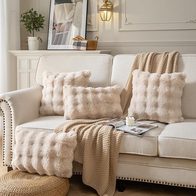 Pack of 2 Thick Plush Throw Pillow Covers Fluffy Wave Faux Fur Decorative Cushion Covers Soft Wool Pillowcase for Sofa Couch Livingroom 18x18 Inch Beige