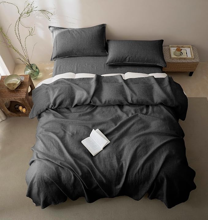 Talasily 100% French Pure Linen Sheets Set Twin Size,Oeko-TEX Certified Bedding, All-Season Breathable for Hot Sleepers,16 Inch Deep Pocket Machine Washable 3-Piece (Dark Grey)