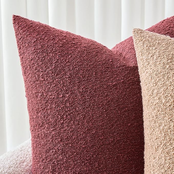 Woaboy Pack of 2 20x20 Inch Decorative Boucle Throw Pillow Covers Textured Square Pillowcaes Accent Solid Cozy Soft Cushion Covers Home Decor for Sofa Couch Living Room Home Decor,Burgundy