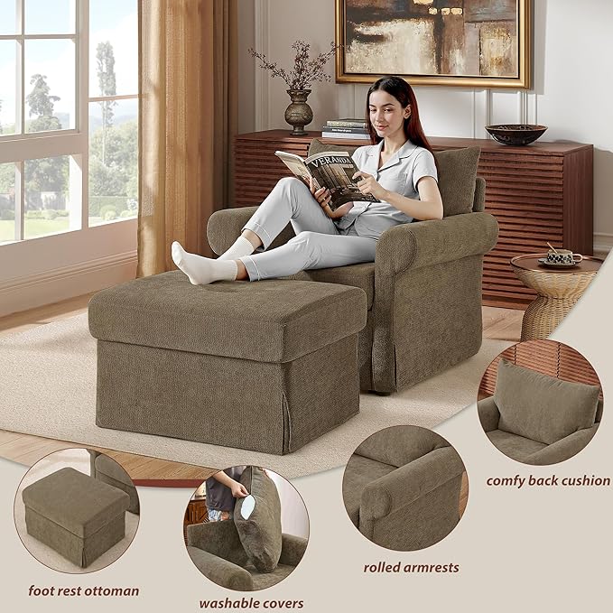 Modern Living Room Chairs with Ottoman, Comfy Chenille Reading Armchair with Rolled Arms and Cushion Backrest, 35.8"W Oversized Chaise Lounge Chair for Bedroom, Study, Apartment, Coffee Brown