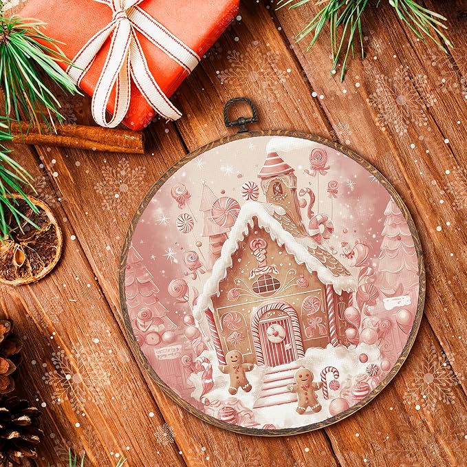 Hxlac Gingerbread House Christmas Round Wall Art Framed, Cottagecore Winter Christmas Round Wall Decor, Gingerbread Winter Hanging Canvas Prints Wall Sculptures for Home Living Room Decor, 10x10 Inch