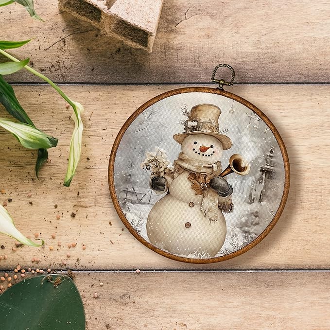 KSDUT Vintage Snowman Wall Decor Art - Retro Christmas Winter Wall Art Canvas Frame Hanging Prints, Merry Xmas Holiday Round Wall Art Decor for Farmhouse Home Decorations 10"x10"