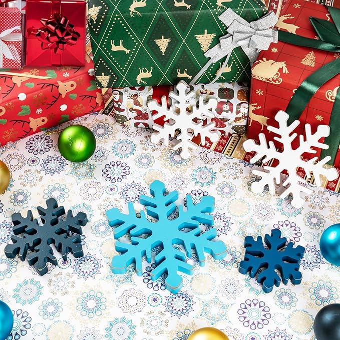 5Pcs Snowflake Christmas Table Decorations, White Blue Wooden Snowflakes Tabletop Centerpieces Christmas Winter Tiered Tray Table Decor for Xmas Holiday Party Supplies Home Mantel Decor