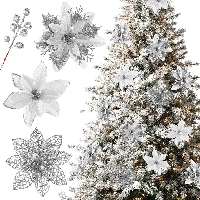 Floweroyal 30pcs Poinsettia Artificial Christmas Flowers Decorations with Clips and Berry Stems Glitter Ornaments for Christmas Tree Wreath Fireplace Stairs Decor (Silver-3 Styles)