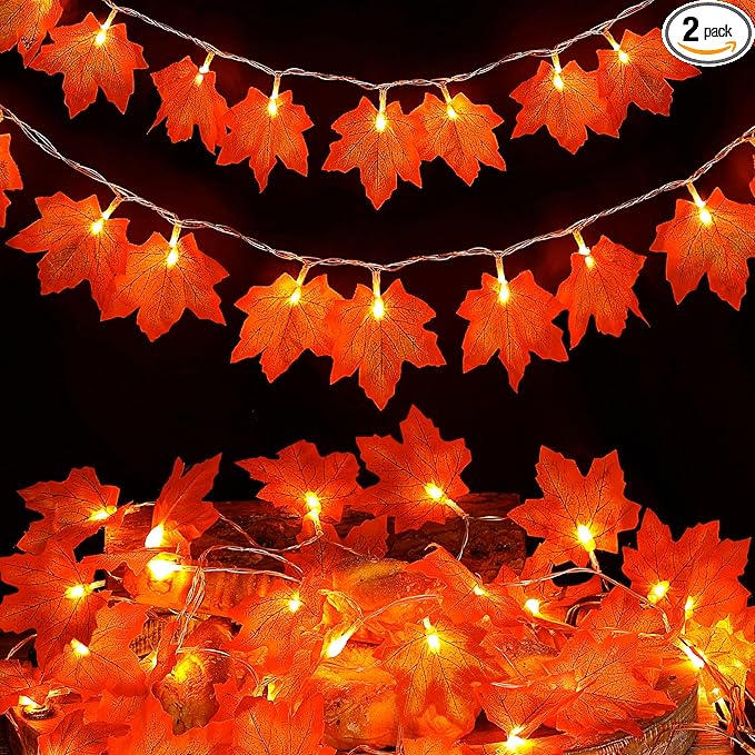 2 Pack Fall Decorations for Home,Fall Lights Battery Operated,Total 20FT 40 Led Maple Leaf Garland with Lights String for Halloween Thanksgiving Autumn Harvest Friendsgiving Indoor Outdoor