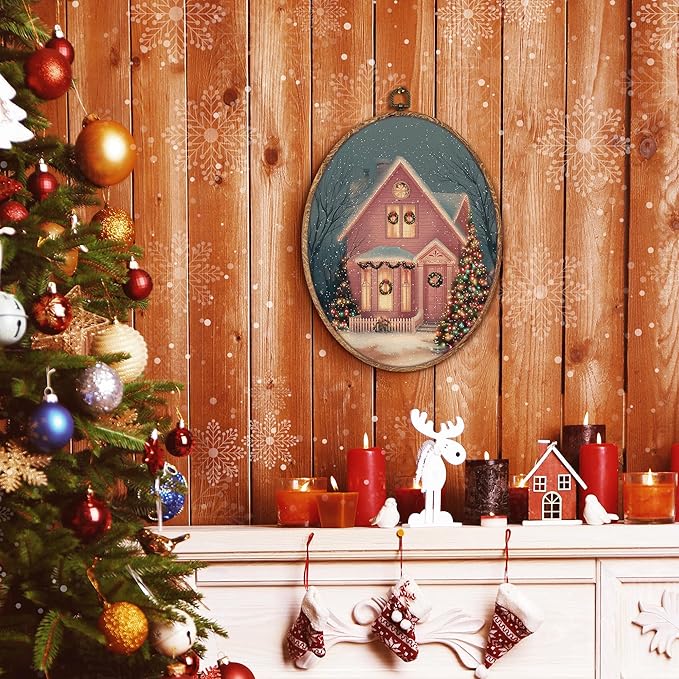 Hxlac Pink Christmas Cottage Oval Wall Art Framed, Christmas Snowy Winter Oval Wall Decor, Cozy Winter Holiday Hanging Canvas Prints Wall Sculptures for Farmhouse Home Bedroom Decor, 8.5x11.5 Inch