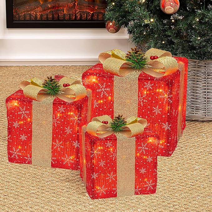 FUNPENY Set of 3 Christmas Lighted Gift Boxes, 50 LED Christmas Box Decorations, Presents Boxes (Christmas Red)