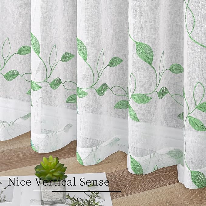 Tollpiz Green Leaf Sheer Curtain Leaves Embroidered Bedroom Curtains Rod Pocket Voile Window Treatment for Living Room, 54 x 95 inches Long, Set of 2 Panels