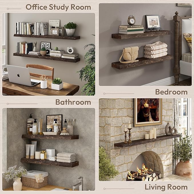 Marsmiles 72 inch Floating Shelves for Wall Elm Wood Live Edge Shelves Wall Mounted|Rustic Long Floating Shelves with Invisible Bracket for Bathroom Living Room Kitchen|Walnut, 1 Pack