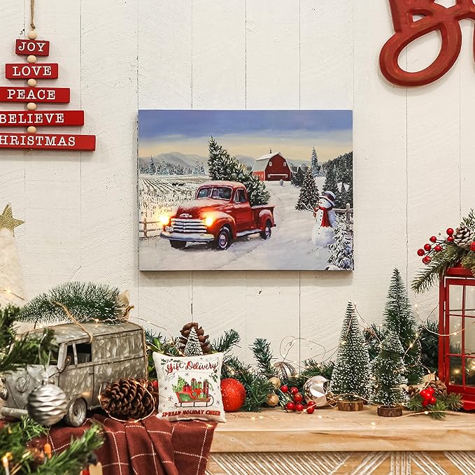 NIKKY HOME 16" x 12" Christmas LED Lighted Canvas Wall Art Prints Light Up Red Truck Barn House and Christmas Tree Picture Winter Snow Scene for Holiday Decor