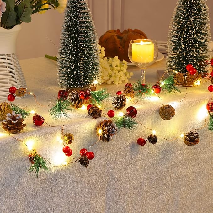 10FT Enchanting Christmas Garland with 30 LED Lights Battery Operated-Realistic Red Berries & Pine Cones Decor for Tree,Fireplace Mantel,Indoor Holiday Home Decor (9.8Ft)