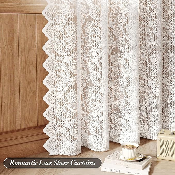 White Lace Sheer Curtains – Vintage Floral Lace for Bedroom/Kitchen, Victorian Privacy Light Filtering Rod Pocket Drapes, Delicate Chic Window Treatments Scalloped Hem, 52W x 54L Inch, 2-Panel