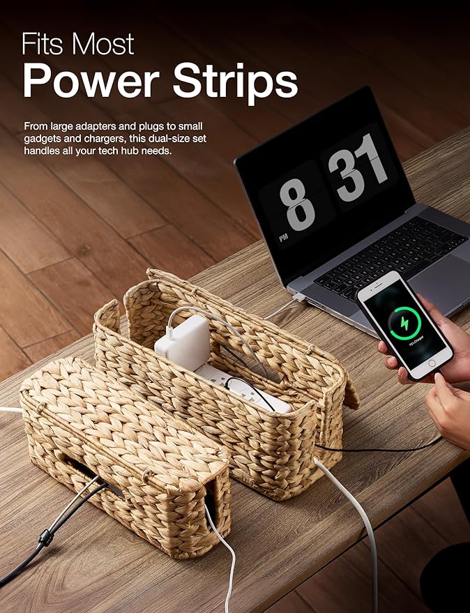Set of 2 Wicker Large Cable Management Box - Cord Box Hider for Home, Office - Water Hyacinth Cable Hider Box, Surge Protector Box for TV Wires, Computer - Power Strip Box - 3 Slots, Secure Lid