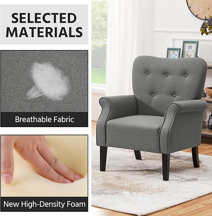 Yaheetech Modern Armchair, Mid Century Accent Chair with Sturdy Wood Legs and High Back for Small Space, Upholstered Fabric Sofa Club Chair for Living Room/Bedroom/Office, Dark Gray