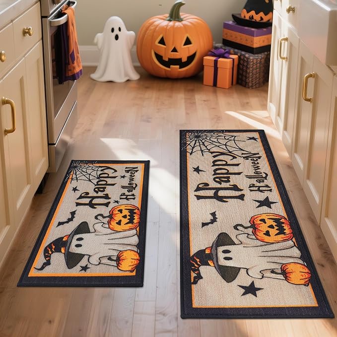 JSEI Halloween Holiday Kitchen Mats for Floor, Non-Slip Ghost and Pumpkins Decorative Kitchen Rugs Set of 2, Home Decor Low-Profile Kitchen Runner Rug Washable, 17"x30"+17"x48", Cute Ghost Pattern