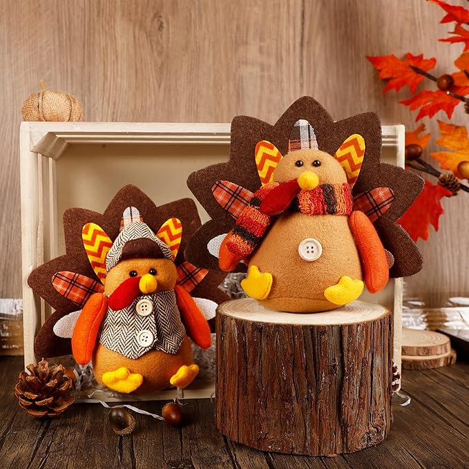 Lulu Home Thanksgiving Tabletop Decoration - Set of 2 Plush Standing Turkey Couple & Shelf Sitters Centerpiece - Fall Home Decor