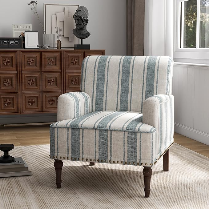 UIXE Stripe Accent Chairs Set of 2, Living Room Arm Chair Modern Nailhead Trim Club Armchair, Comfy Upholstered Sofa Lounge Seat Reading Seat Bedroom Side Seating for Home Office, Blue