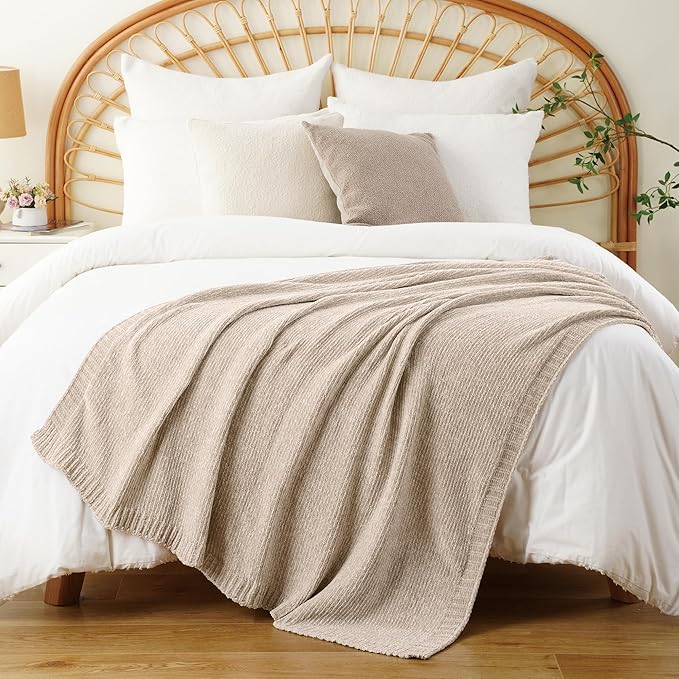 BATTILO HOME Knit Chenille Throw Blanket for Couch, Cozy Beige Throw Blankets for Home Decor,Lightweight Soft Throw for Bed,Sofa,Chair 51"x67"