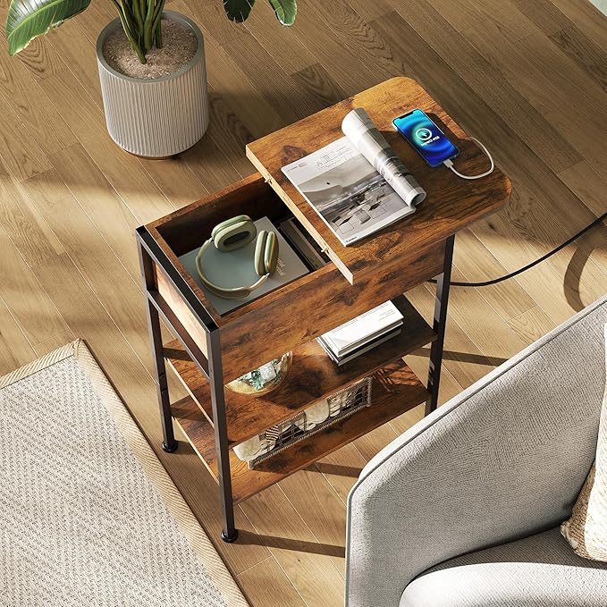 WLIVE End Table with Charging Station, Flip Top Side Table with Storage Shelf, Sofa Couch Table with USB Ports and Outlets, Narrow Bedside Table for Living Room, Bedroom ,11.81"D x 23.62"W x 24.33"H