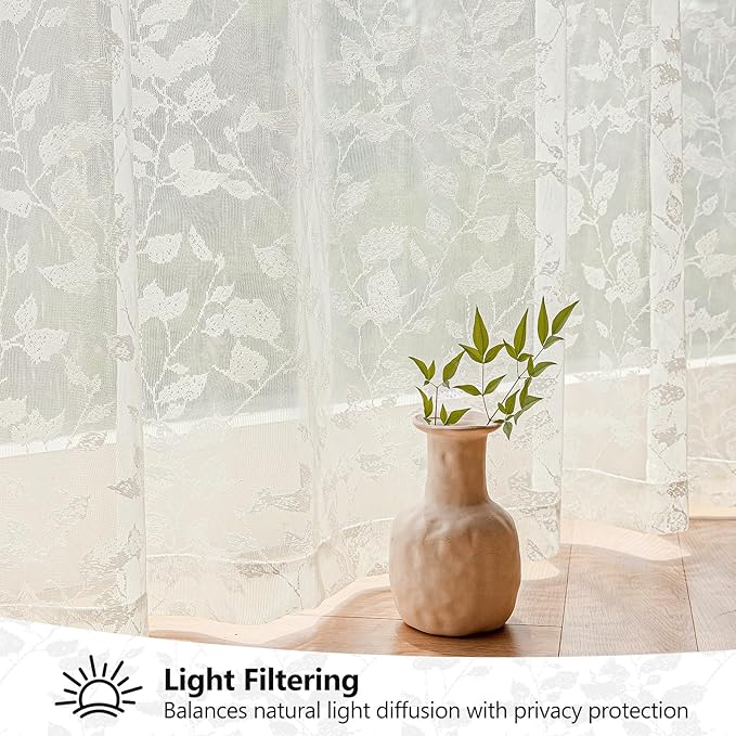 Ivory Lace Semi-Sheer Curtains – Vintage Leaves Pattern Lace for Bedroom/Bathroom, Light Filtering Rod Pocket Drapes, Privacy Chic Window Treatments Scalloped Hem, 52W x 72L Inch, 2-Panel Set