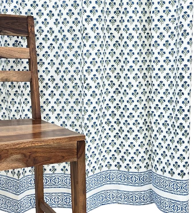 ATOSII 100% Cotton Single Panel Floral Block Print Curtain, Easy Hanging with Rod Pocket & Loop, Living Room, Dining Room, Bedroom Light Filtering Boho Curtains, Set of 1, 60"W X 96"L, Gulbahar Blue