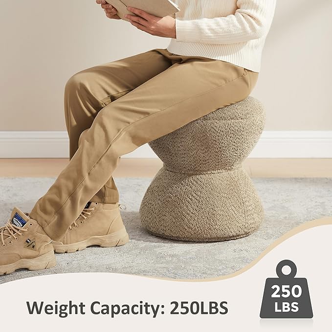 VANOMi Multi-Functional Boucle Ottoman, Vanity Stool Chair, Sturdy Rotating Wooden Footstool, Suitable for Living Room, Bedroom, and Entryway, Without Installation, Swivel, Camel