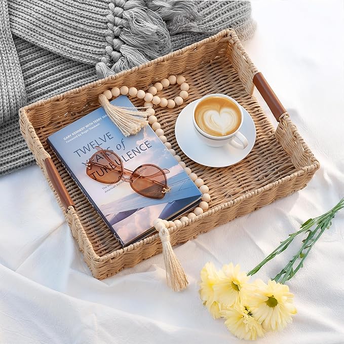 Rattan Organizer with Leather Handles – Decorative Wicker for Home Decor – Versatile Storage & Serving Solution for Kitchen and Living Room (Medium-Rectangle)