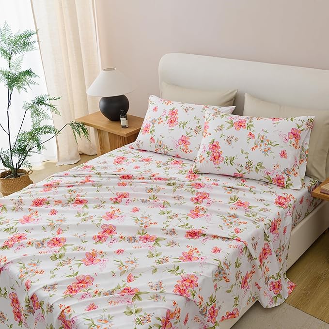King Size Bed Sheets Set Deep Pockets - 6PC Floral Ultra Soft Microfiber Bed Sheets - Easy to Clean, 90 Thread Count Sheets with Fitted Sheet, Flat Sheet & Pillowcases (Pink/Green Floral)