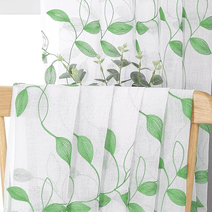 Tollpiz Green Leaf Sheer Curtain Leaves Embroidered Bedroom Curtains Rod Pocket Voile Window Treatment for Living Room, 54 x 95 inches Long, Set of 2 Panels