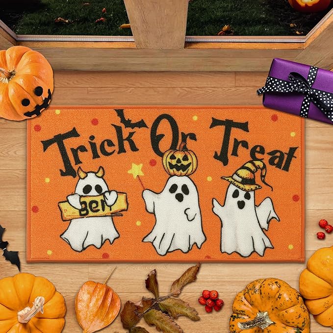 JSEI Halloween Holiday Doormat, 17''x30'' Non-Slip Ghost and Pumpkins Decorative Welcome Mats for Floor, Low-Profile Entryway Rugs Washable, Flying Ghosts Pattern