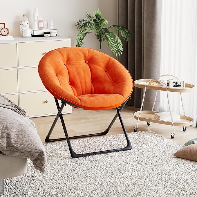 Folding Faux Fur Saucer Chair,Portable Folding Soft Moon Chair,Comfortable Lounge Chair with Metal Frame for Bedroom, Dorm Rooms, Apartments, Lounging, Garden and Courtyard, Orange