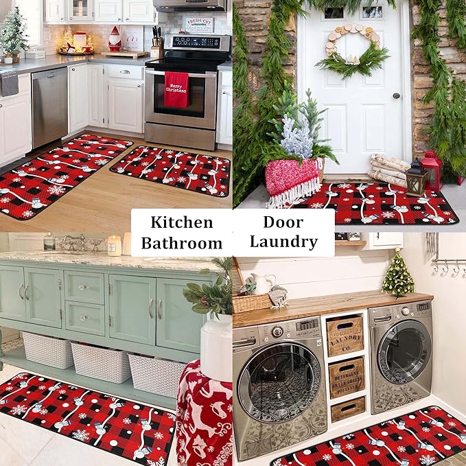 Buffalo Plaid Christmas Kitchen Rugs and Mats Set of 2, Christmas Snowman Winter New Year Holiday Party Low-Profile Floor Mat Merry Christmas Decorations for Kitchen Home- 17"x47"+17"x30"