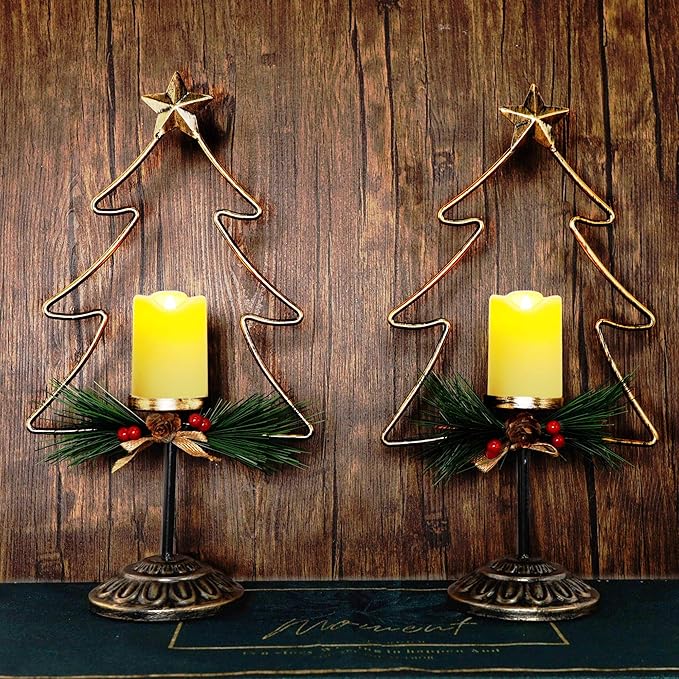 Lulu Home Lighted Christmas Table Decorations, 2 Pack 15.7 Inch Christmas Tree with Battery Operated Candle Lights, Light Up Christmas Tabletop Decorations, Xmas Holiday Winter Tabletop Desk Ornament