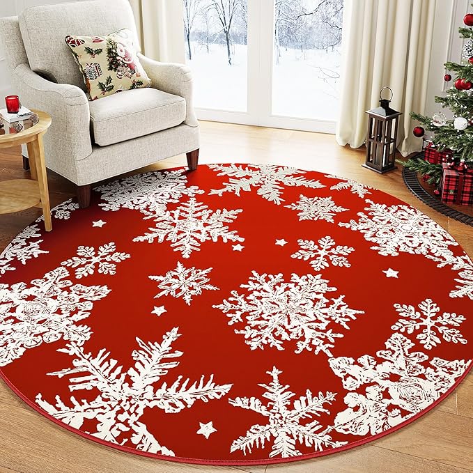 Round Area Rug 3ft Red Christmas Entryway Carpet 3x3 Circle Rug Snowflake Indoor Kitchen Washable Door Mat Living Room Carpet Decorative Holiday Decor Dining Room Bathroom