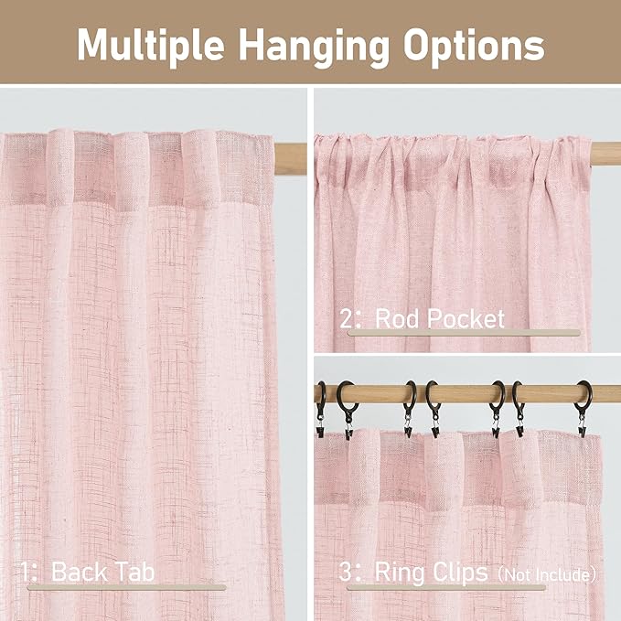 LAMIT Sheer Linen Curtains 63 Inch for Girls Bedroom, Light Filtering Neutral Semi Sheer Farmhouse Boho Curtains Back Tab and Rod Pocket Living Room Panels, Pink, 2 Panels, 52 x 63 Inch