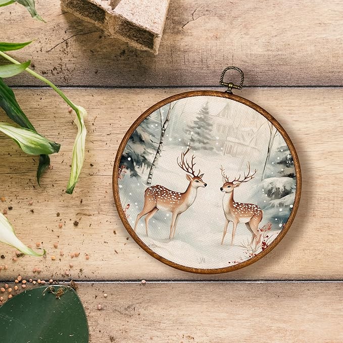 KSDUT Christmas Wall Decor Art - Winter Woodland Xmas Wall Art Canvas Frame Hanging Prints, Vintage Pine Tree Deer Holiday Landscape Round Wall Art Decor for Home Bedroom Decorations 10"x10"