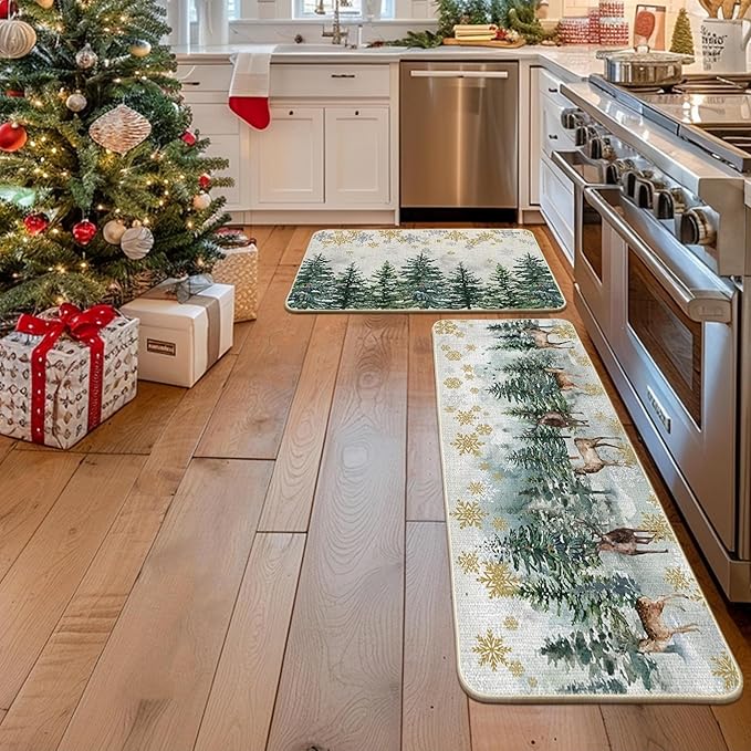 Artoid Mode Xmas Trees Deer Snowflakes Christmas Kitchen Mats Set of 2, Winter Home Decor Low-Profile Kitchen Rugs for Floor - 24x35 and 24x59 Inch