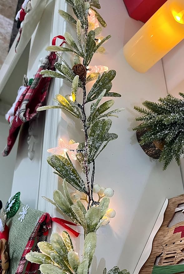 6ft Snowy Olive Christmas Garland with Pine Berry,Battery Operated Garland with Timer,Pre-lit Garland for Christmas,Party,Indoor, Fireplace, Stairs Railing,Mantle Decor