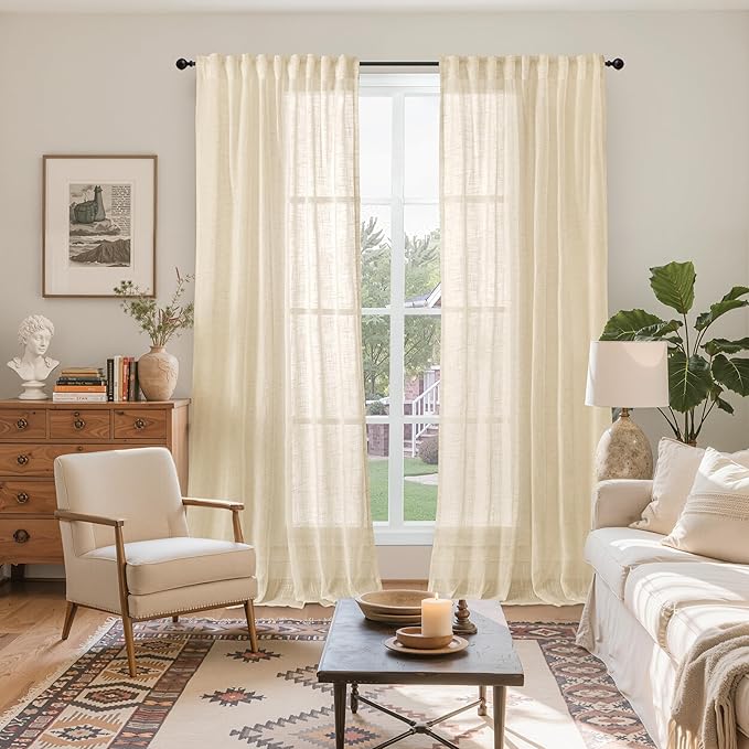 YoungsTex Burlap Natural Linen Curtains 84 Inch Length 2 Panels for Living Room, Tan Light Filtering Window Treatments Semi Sheer Textured with Rod Pocket Back Tab for Farmhouse Bedroom,52 X 84 Inch